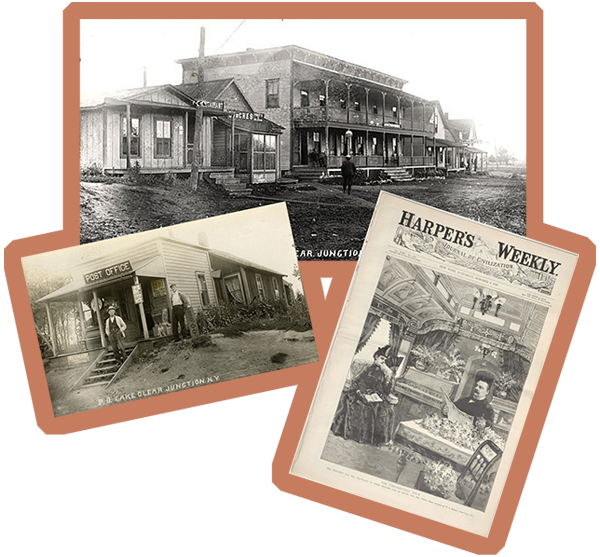 Historic photo of the original Lake Clear post office beside Charlie’s Inn, including a record noting President Grover Cleveland’s 1891 visit. Saranac Lake, NY